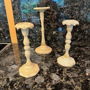 3 ANTHROPOLOGIE Weathered Distressed Painted Metal Cottagecore Candlesticks